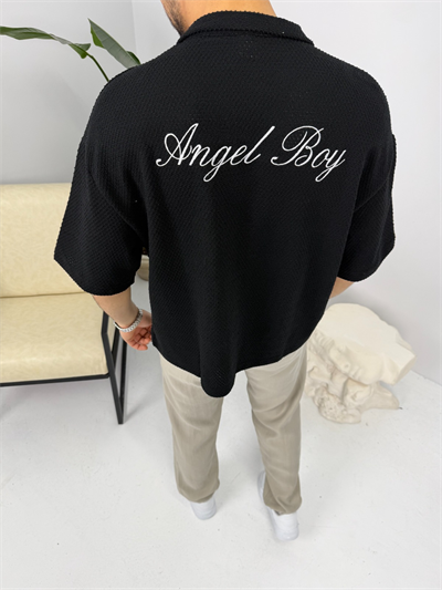 Apaş Yaka Angel Boy Kısa Kol Gömlek Siyah