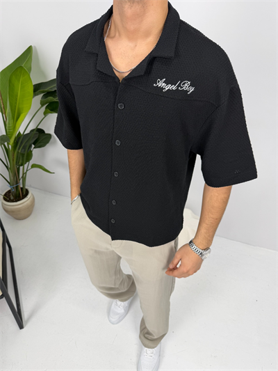 Apaş Yaka Angel Boy Kısa Kol Gömlek Siyah