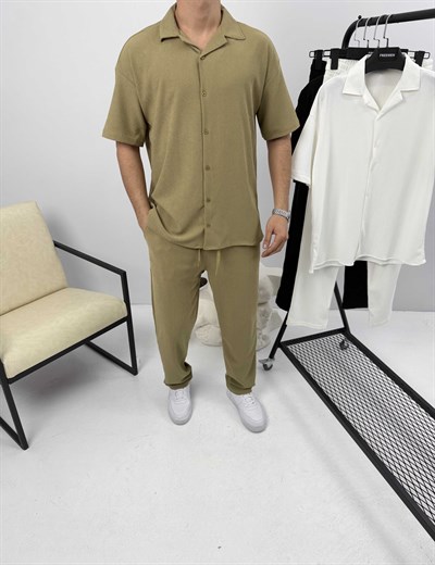 Apaş Yaka Kısa Kol Ottoman Takım Bej