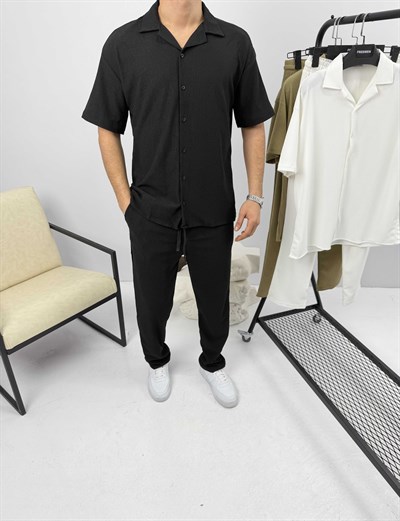 Apaş Yaka Kısa Kol Ottoman Takım Siyah