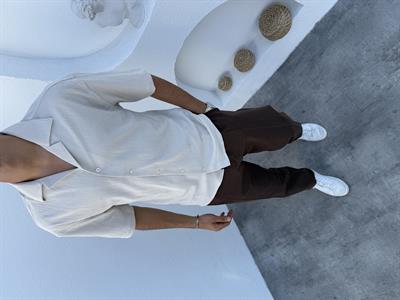 Apaş Yaka Likralı Kısa Kol Gömlek Bej