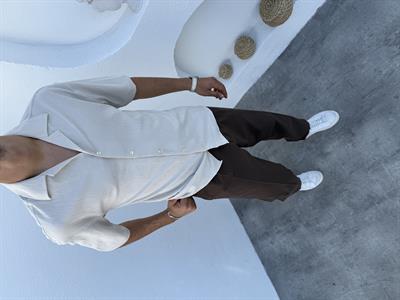 Apaş Yaka Likralı Kısa Kol Gömlek Bej