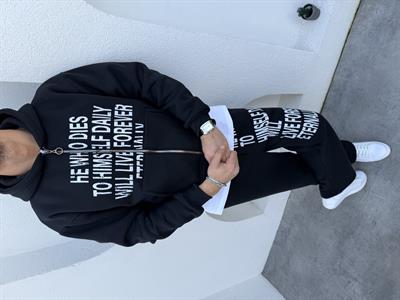 Baskılı Kapüşonlu Takım Siyah