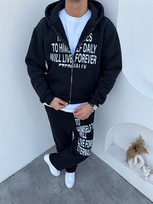 Baskılı Kapüşonlu Takım Siyah