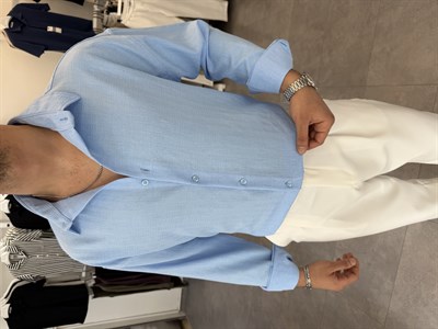 Baskılı Oversize Keten Gömlek Bebe Mavi