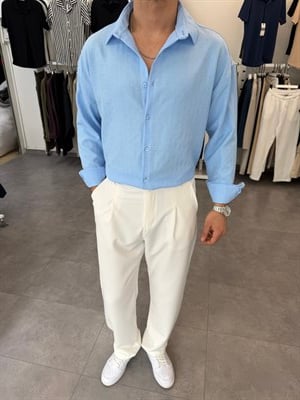 Baskılı Oversize Keten Gömlek Bebe Mavi