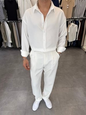 Baskılı Oversize Keten Gömlek Beyaz