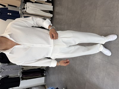 Baskılı Oversize Keten Gömlek Beyaz