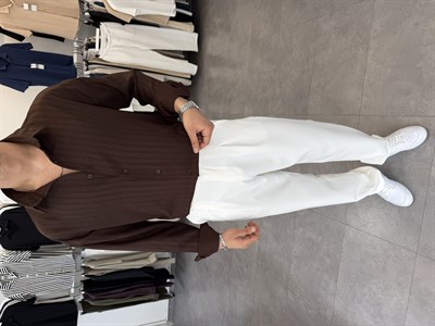 Baskılı Oversize Keten Gömlek Kahve