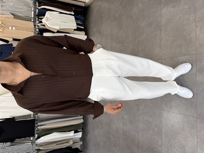 Baskılı Oversize Keten Gömlek Kahve