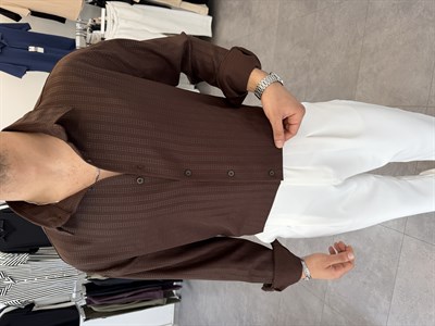 Baskılı Oversize Keten Gömlek Kahve