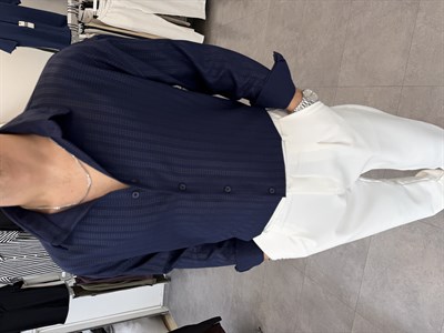 Baskılı Oversize Keten Gömlek Lacivert