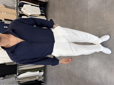 Baskılı Oversize Keten Gömlek Lacivert