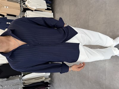 Baskılı Oversize Keten Gömlek Lacivert