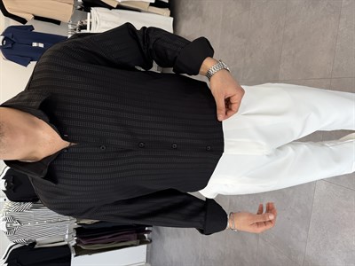 Baskılı Oversize Keten Gömlek Siyah