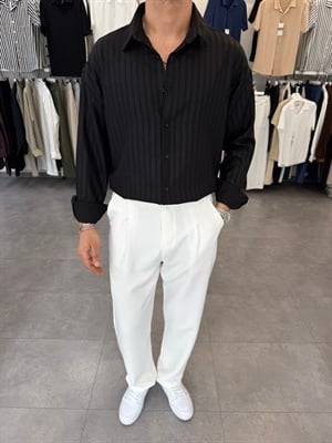 Baskılı Oversize Keten Gömlek Siyah