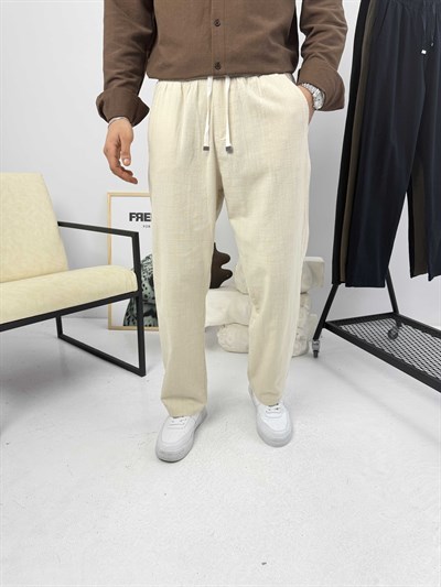 Beli İpli Baggy Keten Pantolon Bej