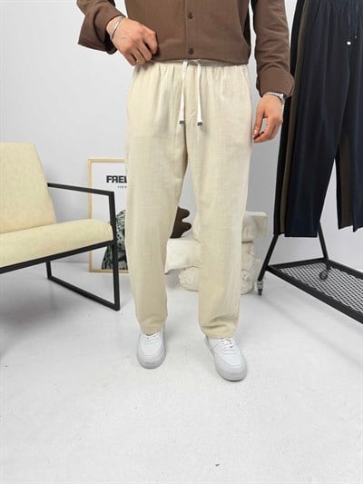 Beli İpli Baggy Keten Pantolon Bej