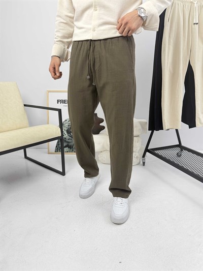 Beli İpli Baggy Keten Pantolon Kahve