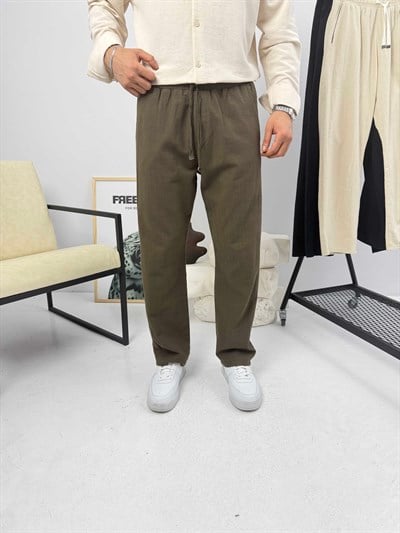 Beli İpli Baggy Keten Pantolon Kahve