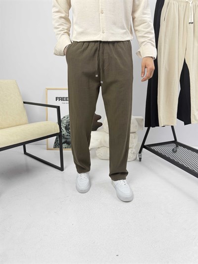 Beli İpli Baggy Keten Pantolon Kahve