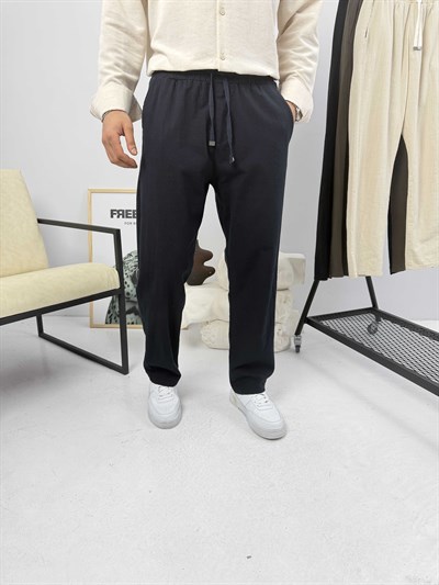 Beli İpli Baggy Keten Pantolon Lacivert