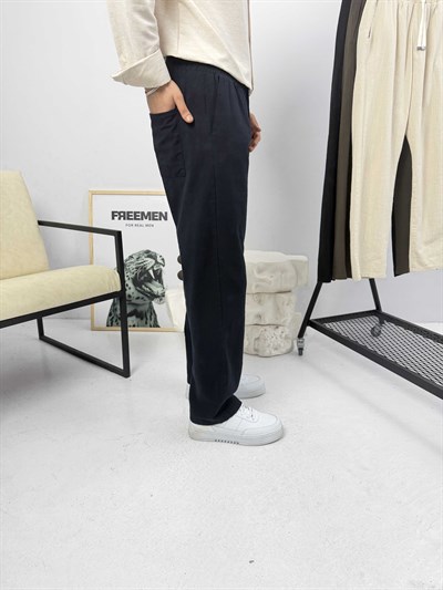 Beli İpli Baggy Keten Pantolon Lacivert