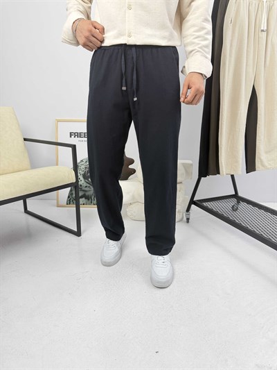 Beli İpli Baggy Keten Pantolon Lacivert