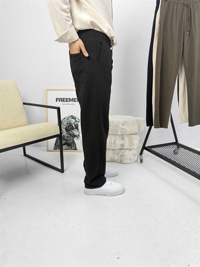 Beli İpli Baggy Keten Pantolon Siyah