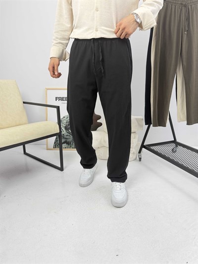 Beli İpli Baggy Keten Pantolon Siyah