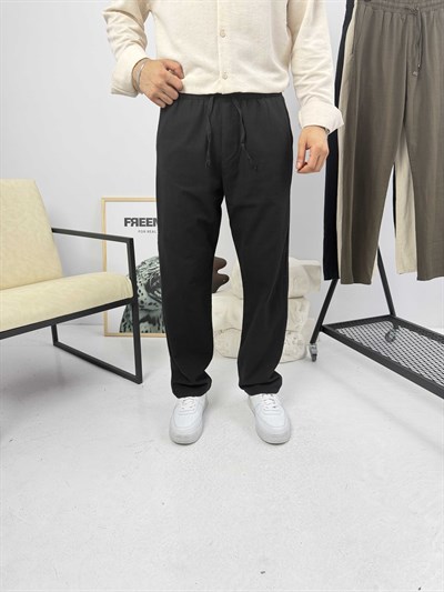 Beli İpli Baggy Keten Pantolon Siyah