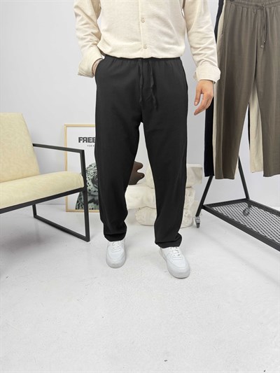 Beli İpli Baggy Keten Pantolon Siyah