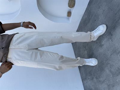 Beli Lastikli Pamuklu Tek Pile Detaylı Kumaş Pantolon Bej