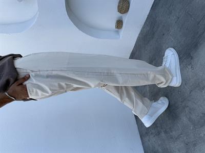 Beli Lastikli Pamuklu Tek Pile Detaylı Kumaş Pantolon Bej