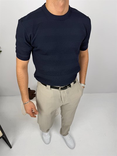 Bisiklet Yaka Şeritli Tişört Lacivert