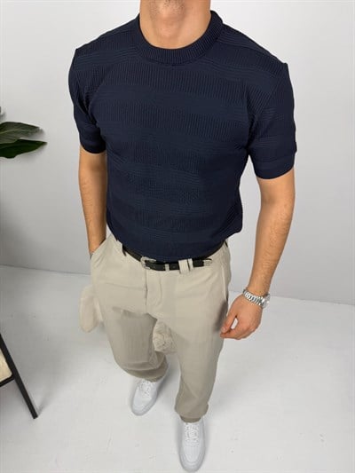 Bisiklet Yaka Şeritli Tişört Lacivert