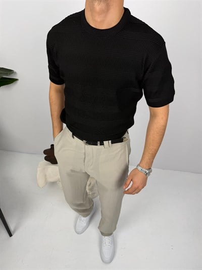 Bisiklet Yaka Şeritli Tişört Siyah