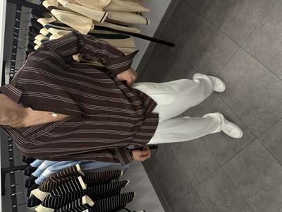 Çift Çizgi Detaylı Oversize Gömlek Kahve