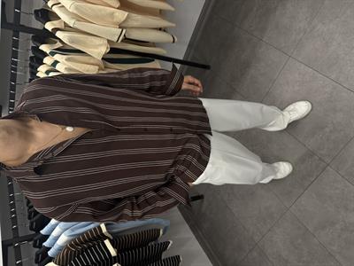 Çift Çizgi Detaylı Oversize Gömlek Kahve