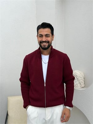 Çift Fermuar Triko Hırka Bordo