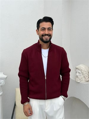 Çift Fermuar Triko Hırka Bordo