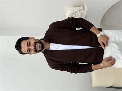 Çift Fermuar Triko Hırka Kahve