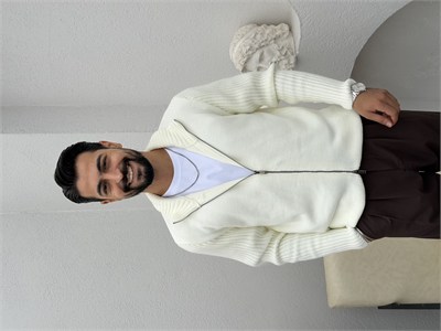 Çift Fermuar Triko Hırka Kırık Beyaz