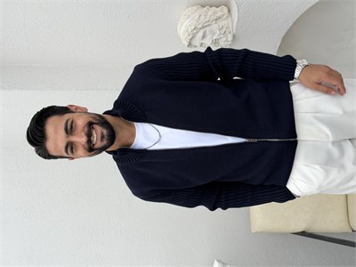 Çift Fermuar Triko Hırka Lacivert