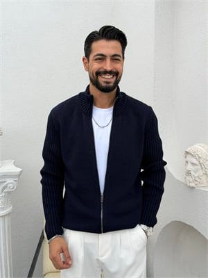 Çift Fermuar Triko Hırka Lacivert