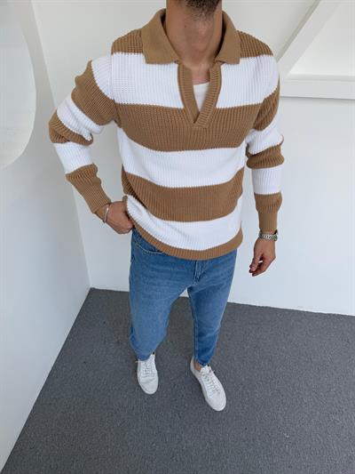 Çizgili Apaş Yaka Triko Kazak Bej