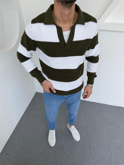 Çizgili Apaş Yaka Triko Kazak Yeşil