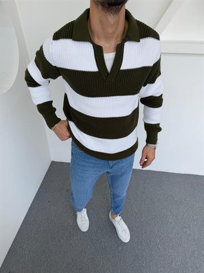 Çizgili Apaş Yaka Triko Kazak Yeşil