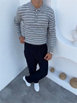 Çizgili Polo Yaka Triko Kazak Gri