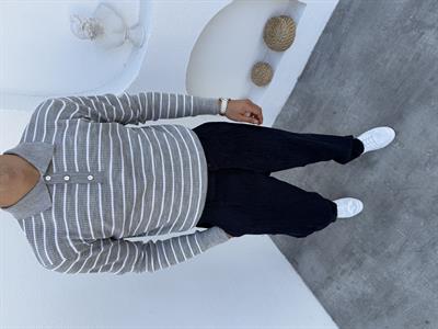 Çizgili Polo Yaka Triko Kazak Gri